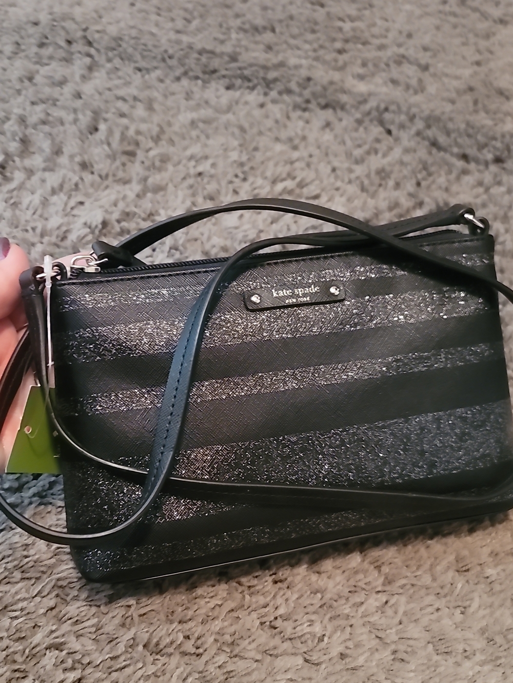 kate spade black glitter stripe crossbody purse